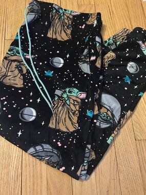 Black Baby Yoda Print Lounge Pants with Teal Drawstring